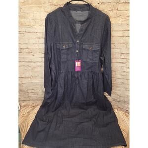 Loveimgs Womens Jean Dress Size Medium Long Sleeve Long Dress V Neck Dark Blue